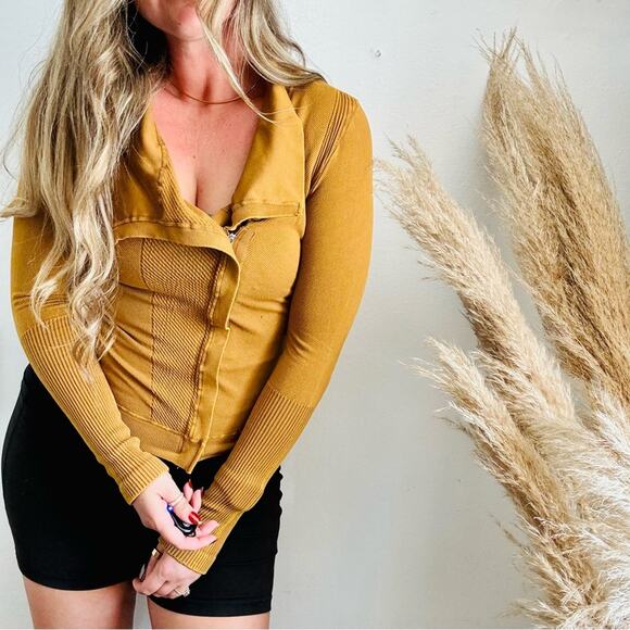 FP FREE PEOPLE Mustard Gold Yellow Zip Thermal Throw Out Jacket Sweater Top XS S - Picture 5 of 13